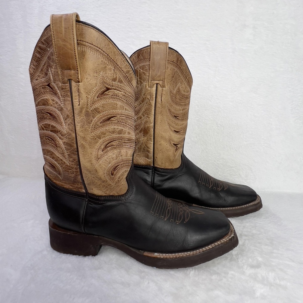 El General‎ Boots Mens Size 8 Black Brown Leather Western Cowboy Square Toe
